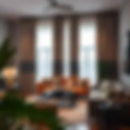 Stylish living room showcasing 120-inch curtain rods with elegant drapery.