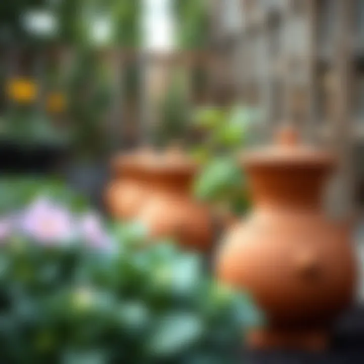 Garden Utilizing Clay Waterers for Moisture Management Garden setup showcasing multiple clay waterers in use