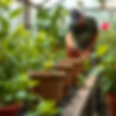 Maintaining Clay Waterers for Optimal Performance Person maintaining clay waterers amid thriving greenery