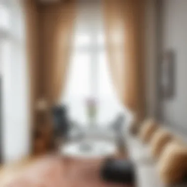 Cozy Workspace with Sheer Curtain Division A cozy workspace separated by stylish sheer curtains for privacy