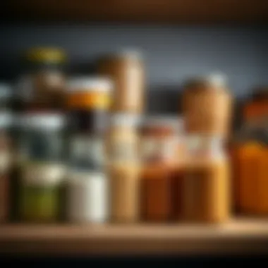 Efficient Organization in the Kitchen An array of glass jars neatly labeled and organized on a kitchen shelf, demonstrating effective food storage practices.