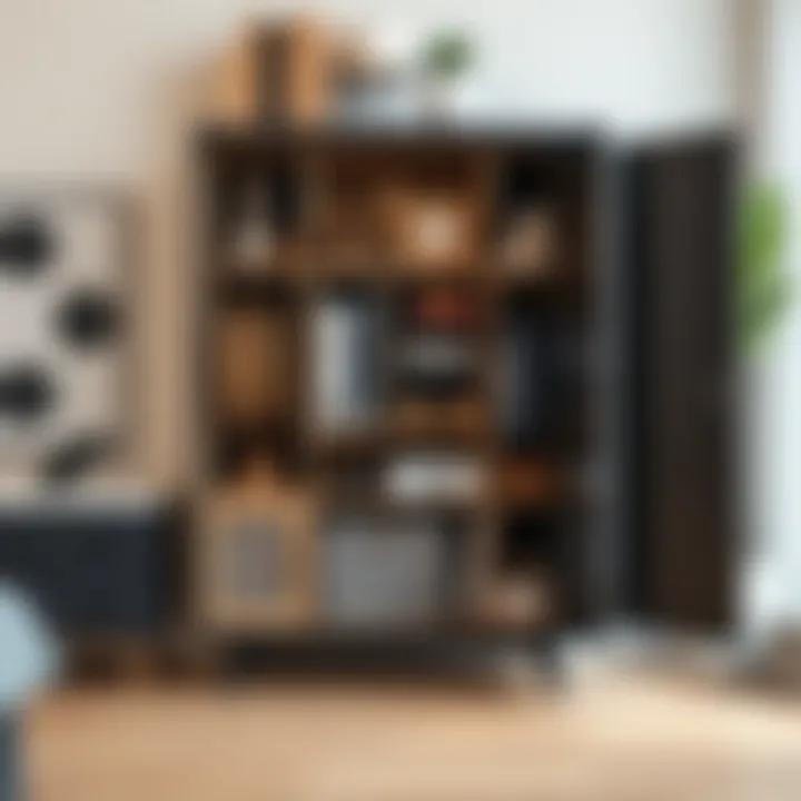 Stylish 15-inch high cabinet showing various organizational methods