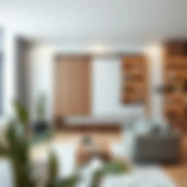 Modern Living Room with Stylish Wall Shelf Elegant wall shelf with sliding doors in a modern living room setting