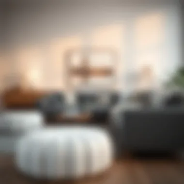 Contemporary Living Space with White Pouf Ottoman Elegant and modern white pouf ottoman in a minimalist living room