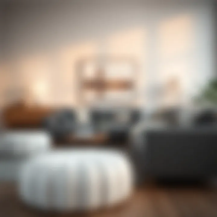 Contemporary Living Space with White Pouf Ottoman Elegant and modern white pouf ottoman in a minimalist living room