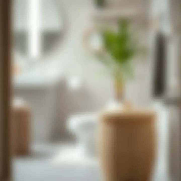 Elegant wicker wastebasket with a lid in a modern bathroom setting