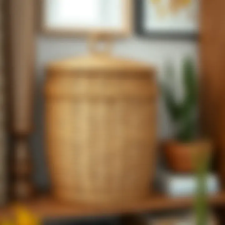 Stylish wicker hamper with a lid on a decorative shelf