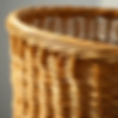 Close-up of intricate wicker weaving on a bathroom wastebasket