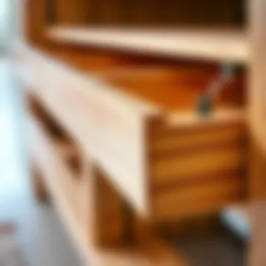 Craftsmanship of Wooden Drawer Close-up of a wooden TV stand drawer showcasing high-quality craftsmanship